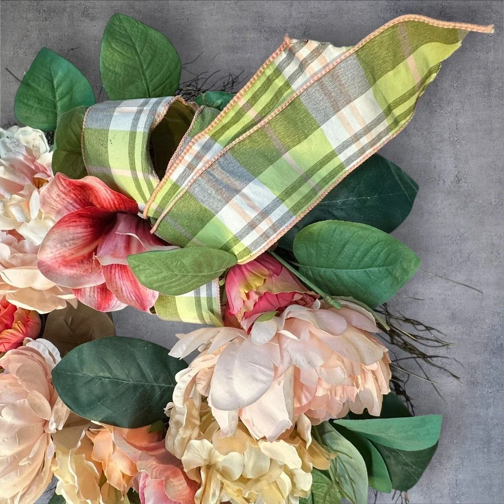 Spring‎ Floral Wreath Peony Hydrangea Faux Flowers Green Plaid Bow 22